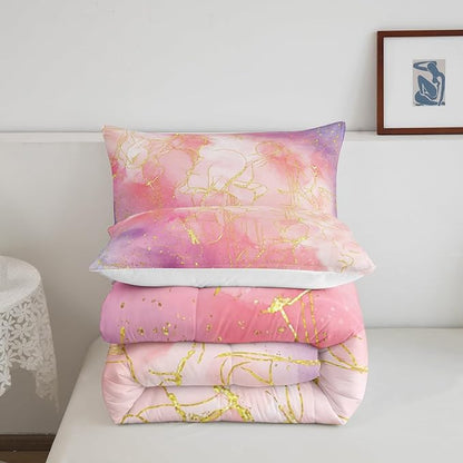 Pink Marble Bedding Comforter Sets Full Size, Tie Dye Marble Decor Comforter Set for Boys Girls Women Bedroom, Gold Bronzing Marble Bedding Pink Purple Modern Abstract Quilt with 2 Pillowcases