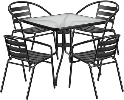 Flash Furniture 5-Piece Patio Dining Set with 31.5" Square Glass Metal Table and 4 Stackable Slat Back Chairs, Indoor/Outdoor Bistro Table and Chairs Set, Black