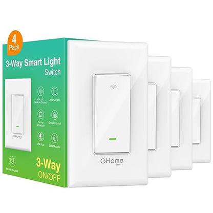 GHome Smart Switch, 3 Way Wi-Fi Light Switch Compatible with Alexa and Google Home, 2.4GHz Schedule Timer, Neutral Wire Required, 3-Way Installation, FCC Listed (4-Pack),White