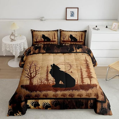 Feelyou Cute Wolf Comforter Set for Girls Boys Kids Wolves Howling Bedding Set Room Decorative Animal Wolves Tree Pattern Bedding Set Exotic Style Brown Black Duvet Set Twin Size 2Pcs Quilt Set