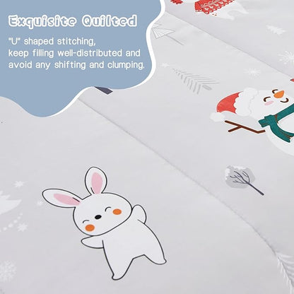 Kids Christmas Comforter Set Full for Boys Girls, Cute Reversible Quilted Bear Snowmen Reindeer Bunny Printed Bedding Set with Pillow Sham, Lightweight Soft Breathable Washable Bed Set 3 Piece
