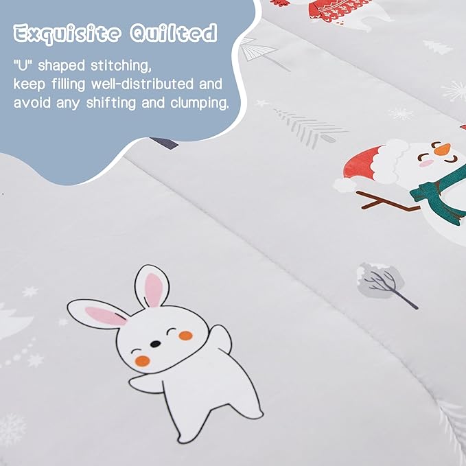 Kids Christmas Comforter Set Twin for Boys Girls, Cute Reversible Quilted Bear Snowmen Reindeer Bunny Printed Bedding Set with Pillow Sham, Lightweight Soft Breathable Washable Bed Set 2 Piece