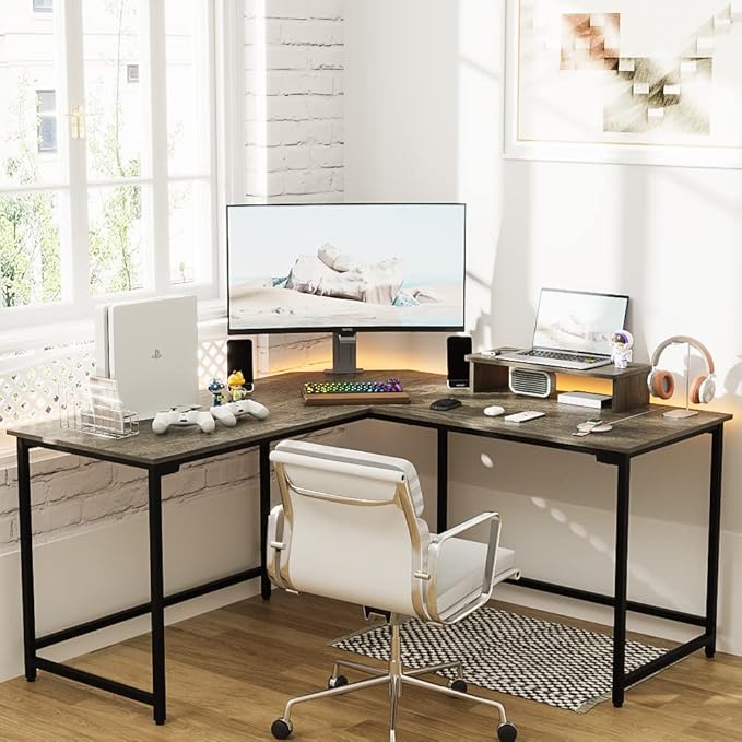 Elephance 59" Large L Shaped Desk Corner Computer Desk with Monitor Stand Gaming Table Workstation for Home Office, Black Oak