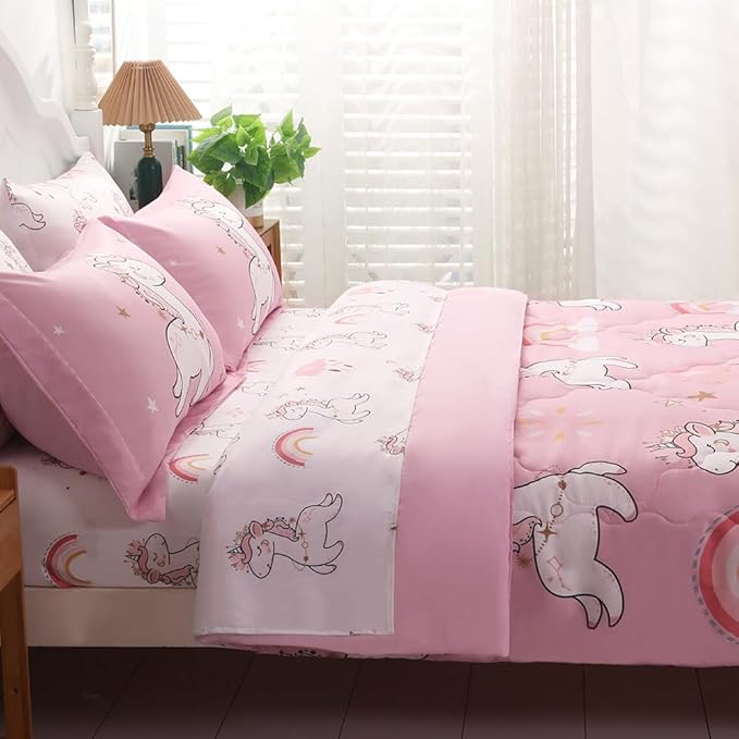 Wajade Kids Pink Unicorn Comforter Set Bed in A Bag Twin Size 7 Piece Cute Unicorn Rainbow Clouds Bedding Set for Girls (1 Comforter, 1 Flat Sheet, 1 Fitted Sheet, 2 Pillowcase and 2 Pillow Sham)