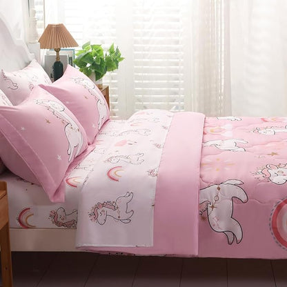 Wajade Kids Pink Unicorn Comforter Set Bed in A Bag Full Size 7 Piece Cute Unicorn Rainbow Clouds Bedding Set for Girls (1 Comforter, 1 Flat Sheet, 1 Fitted Sheet, 2 Pillowcase and 2 Pillow Sham)