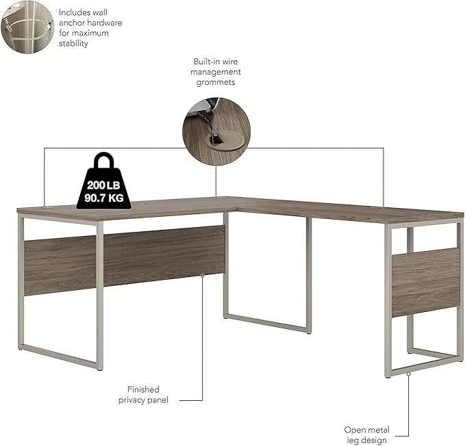 Bush Business Furniture Hybrid 60-inch W L-Shaped Table Desk with Metal Legs, Modern Hickory (HYB027MH)