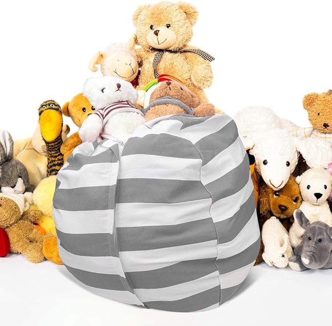27Inch Stuffed Animal Storage Bean Bag Chairs for Kids Room, Stuff and Sit Storage Bean Bag Cover for Organizing Boys and Girls Plush Toy for Kids—Gray
