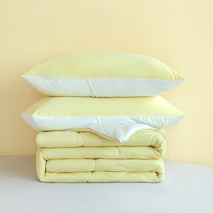 COTTEBED Reversible KING Bedding Comforter Set, Jersey Knit All Season Milk Cup Dual-Side Down Comforters, Super Soft Breathable Fluffy Lightweight Quilt & Pillow Shams(Yellow and White King/Cal King)