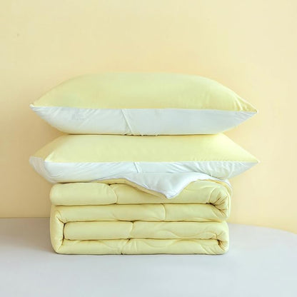 COTTEBED Yellow White Twin Size Bed Comforter Set, Cute Jersey Knit T-Shirt Feel Reversible Blanket Comforter Ultra-Soft Cozy Lightweight Quilt Pillowsham for Kid Boy Girl Dorm All Season Twin/Twin XL