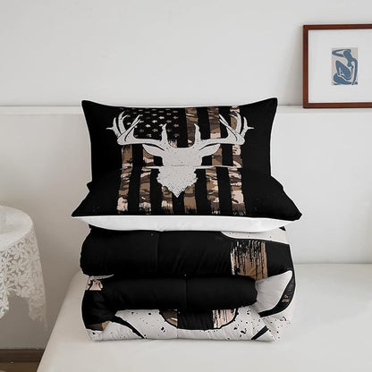Erosebridal American Flag Comforter Set, Deer Hunting Bedding Twin Size for Kids Boys Teens Bedroom, Brown Military Camo Bedding Comforter Sets USA Federations Stars Duvet Insert with 1 Pillowcase