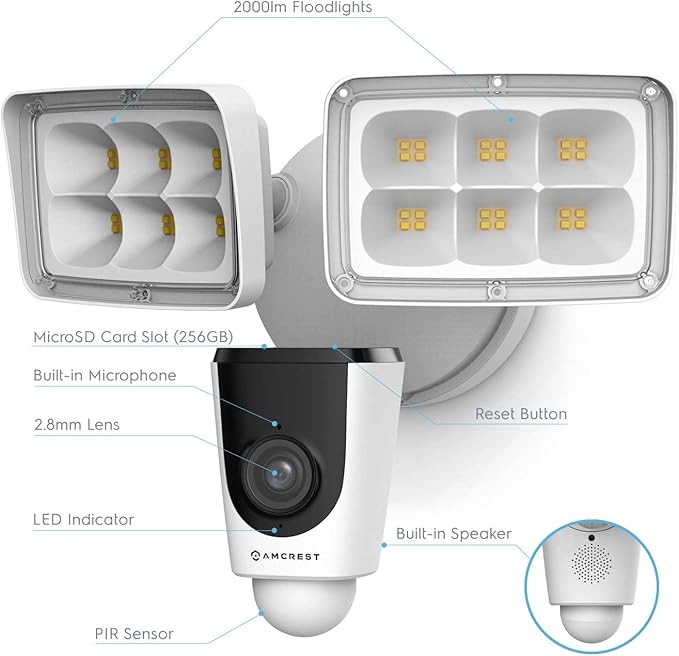 Amcrest Floodlight Camera, Smart Home 1080P Security Outdoor Camera Wireless WiFi with Flood Light, Built-in Siren Alarm, 114° View, IP65 Waterproof, MicroSD & Cloud Storage, ASH26-W
