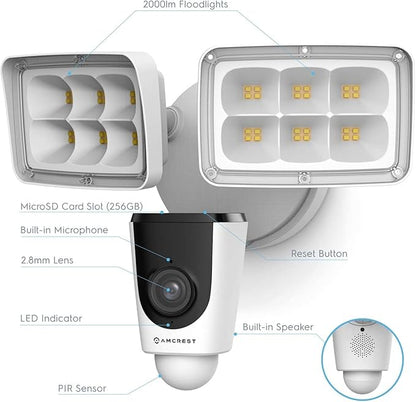 Amcrest Floodlight Camera, Smart Home 1080P Security Outdoor Camera Wireless WiFi with Flood Light, Built-in Siren Alarm, 114° View, IP65 Waterproof, MicroSD & Cloud Storage, ASH26-W