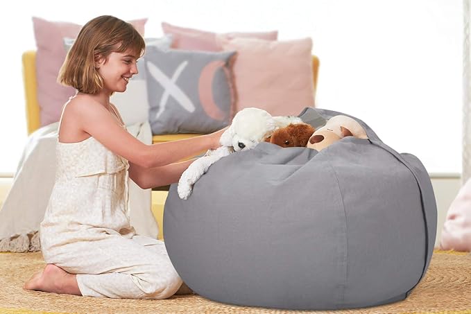 Aubliss Stuffed Animal Storage Bean Bag Chair Cover (No Beans)，Stuff and Sit Storage Bean Bag for Kids Toy Storage，X-Large 48"-Canvas Solid Grey