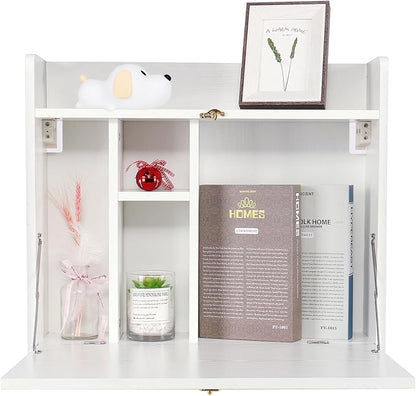 YUSING Wall Mounted Table, Multifunctional Fold Down Wall Mounted Laptop Computer Desk with Storage Compartments for Home, Office, White