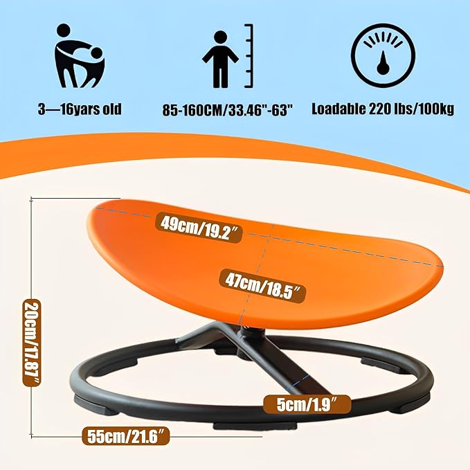 Autism Kids Swivel Chair,Spin Sensory Chair,Kids Spinning Chair,Sit Spin Training Body Coordination,Metal Base Non-Slip Small Desk Chair (Orange)