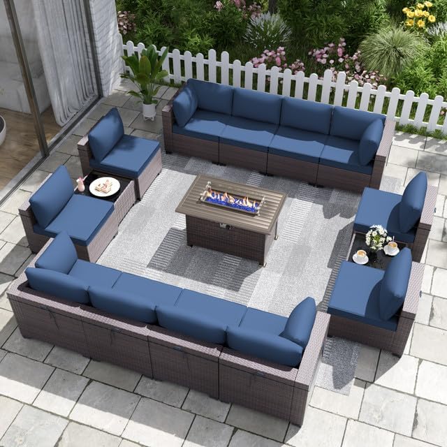 15 PCS Patio Furniture Set with Fire Pit Table Outdoor Sectional Furniture Outdoor Rattan Patio Sofa Conversation Sets with 43in 55,000 BTU Propane Gas Fire Pit Table, Navy Blue