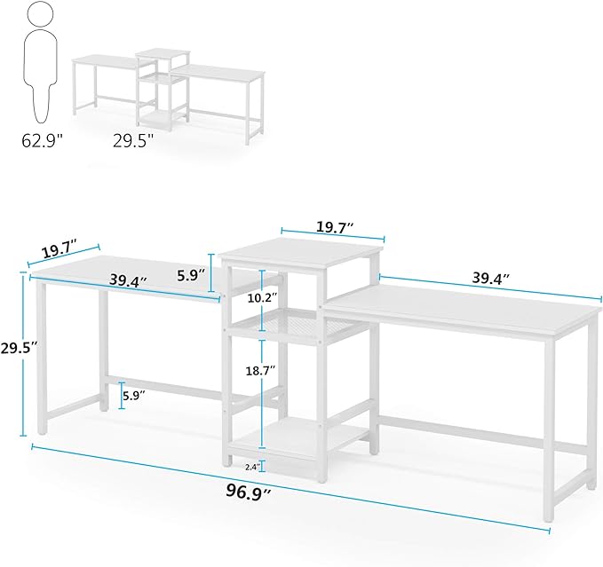 Tribesigns 96.9" Double Computer Desk with Printer Shelf, Extra Long Two Person Desk Workstation with Storage Shelves, Large Office Desk Study Writing Table for Home Office, White