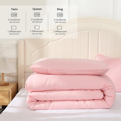 Pink Comforter King Size, Aesthetic Modern Bedding Set for Girls/Women, Cute Soft & Lightweight Chic Microfiber Bed Sets, 3 pcs-1 Comforter & 2 Pillowcases (104x90 Inches)