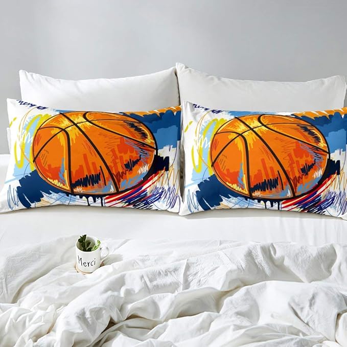 Kids Basketball Comforter Set King Size Boys Games Sports Theme Duvet Sets Youth Graffiti Tie Dye Bedding Set Basketball Sport Quilted Duvet with 1 Comforter and 2 Pillow Cases Colorful Orange Blue