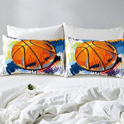 Kids Basketball Comforter Set King Size Boys Games Sports Theme Duvet Sets Youth Graffiti Tie Dye Bedding Set Basketball Sport Quilted Duvet with 1 Comforter and 2 Pillow Cases Colorful Orange Blue