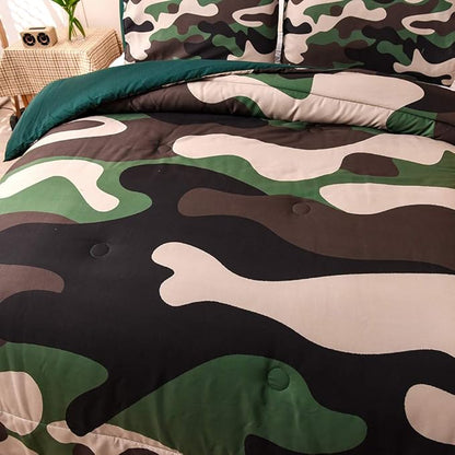 Meeting Story Army Green Camouflage Bedding Set, Camouflage Comforter Set, 3 PCS One Comforter and Two Pillowcases, All Season Soft Bedspread for Kids Teens Adults (Green, Queen)