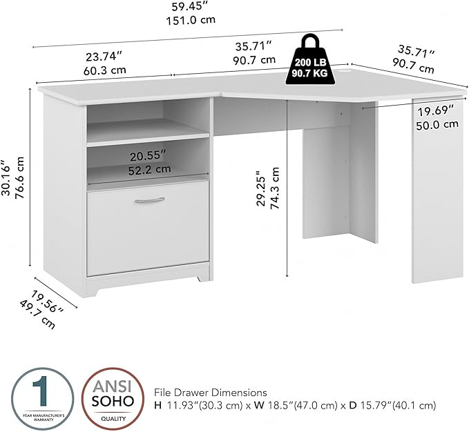Bush Furniture Cabot 60W Corner Desk, White