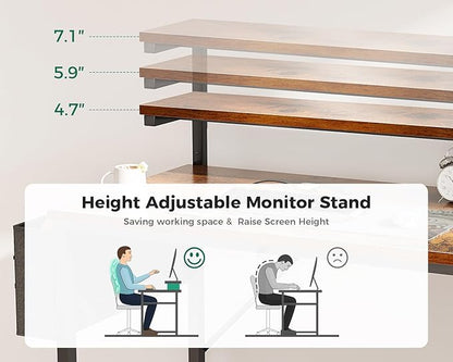 AODK 40 Inch Computer Desk with Adjustable Monitor Stand, Work Writing Desk with Shelves, PC Desk Workstation, Vintage Home Office Desk