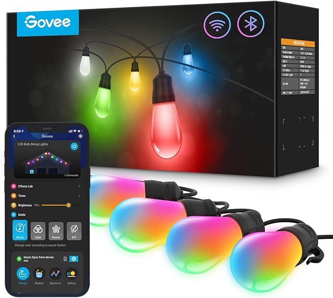 Govee Smart Outdoor String Lights H7021, RGBIC Warm White 96ft (2 Ropes of 48ft) LED Bulbs for Halloween Decorations, Christmas, WiFi Patio Lights Work with Alexa, Google, APP Control, IP65 Waterproof