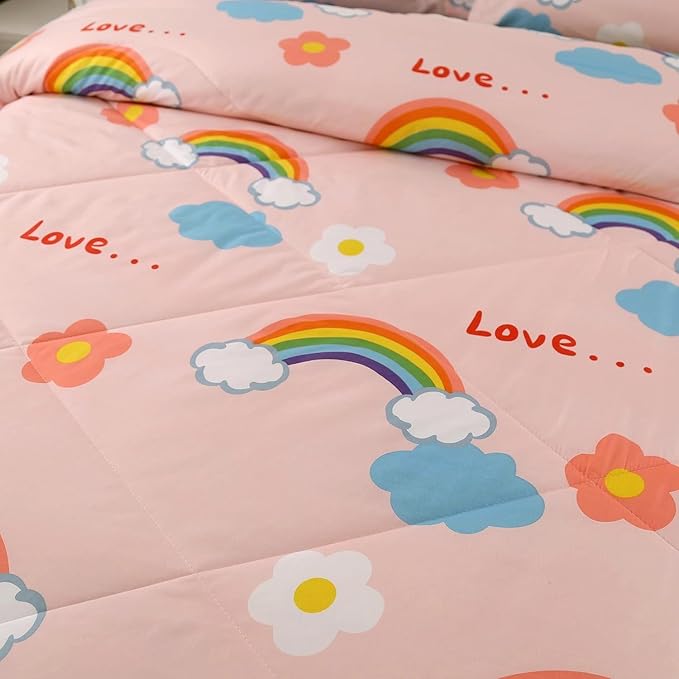 3PCS Rainbow Comforter Set Queen, Cute Pink Queen Size Flower Cloud and Rainbow Comforter Aesthetics, Super Soft and Comfort Microfiber, Kawaii Girls’ Bedroom Decor for Kids, Teens, Children, Women