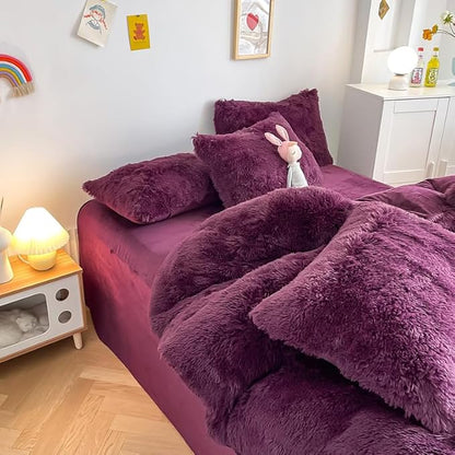 Faux Fur Kids Girls Grape Purple Comforter Sets King - 3PC Bed Set Warm Comfortable Soft Plush Flannel Velvet Fluffy Fuzzy Bedding（Comforter x 1 Pillowcases x 2）