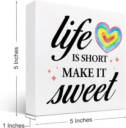 Life Is Short Make It Sweet Sign,Inspirational Quote Wood Box Sign,Motivational Signs Wooden Block Rainbow Decorations for Home Office Shelf Decor