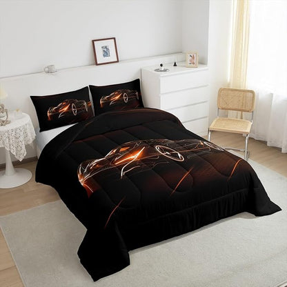 Feelyou Orange Race Car Bedding Set Twin Size for Kids Boys Extreme Sport Games Comforter Set Teens Toddler Fast and Furious Duvet Set Cool Modern Quilt Set 2Pcs