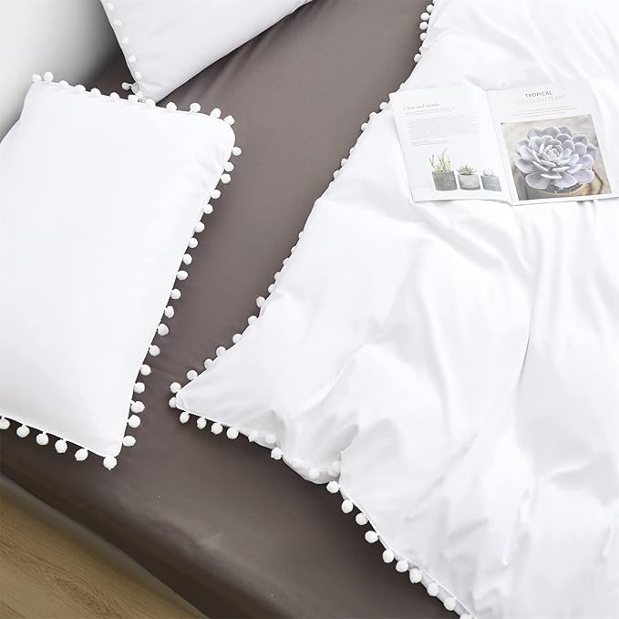 White Twin Comforter Girls Pom Comforter White Twin Bedding Set Boys 3 PCs Soft White Ball Pom Fringe Comforter Set 1 Twin Comforter (68x90 inches) with 2 Pillowcases (20x26 inches)