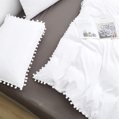 White Twin Comforter Girls Pom Comforter White Twin Bedding Set Boys 3 PCs Soft White Ball Pom Fringe Comforter Set 1 Twin Comforter (68x90 inches) with 2 Pillowcases (20x26 inches)