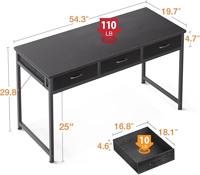 ODK 55 Inch Computer Desk with 3 Cloth Drawers for Home Office, Vanity Desk with Storage and Hook for Bedroom, Work Desk, Study Writing Table, Black