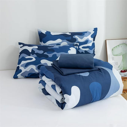 Meeting Story Camouflage Bedding Set, Colorful Pattern Style Comforter Set, 5 PCS One Comforter Two Pillowcases Two Sheets in One Bag, All Season Bedspread for Teens Adults (Navy,Queen 5Pcs)