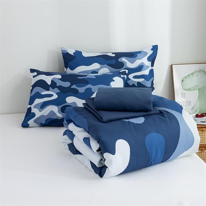 Meeting Story Camouflage Bedding Set, Colorful Pattern Style Comforter Set, 5 PCS One Comforter Two Pillowcases Two Sheets in One Bag, All Season Bedspread for Teens Adults (Navy,Twin 5Pcs)