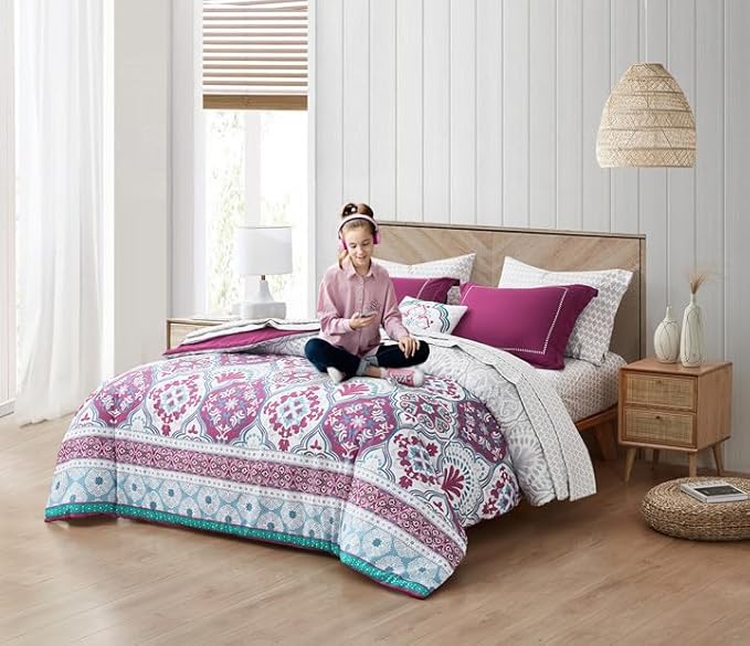 Degrees of Comfort Twin Complete Comforter Sets, Lattice Boho Bed in A Bag,Microfiber Bedding Set with Side Pockets, Matching Decorative Pillow, 6 Piece Purple
