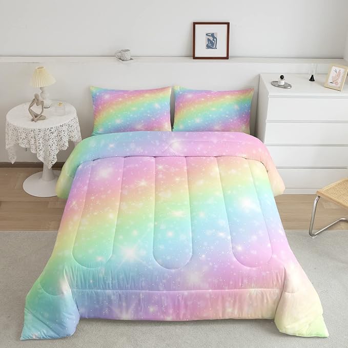 Erosebridal Rainbow Bedding Set for Kids Girls Teens Women Tie Dye Pastel Comforter Set King Size Golden Stars Glitter Bedding Comforter Set Watercolor Art Girly Quilt Set Sweet Bedroom Decor 3 Piece