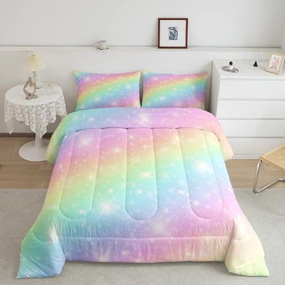 Erosebridal Rainbow Bedding Set for Kids Girls Teens Women Tie Dye Pastel Comforter Set King Size Golden Stars Glitter Bedding Comforter Set Watercolor Art Girly Quilt Set Sweet Bedroom Decor 3 Piece