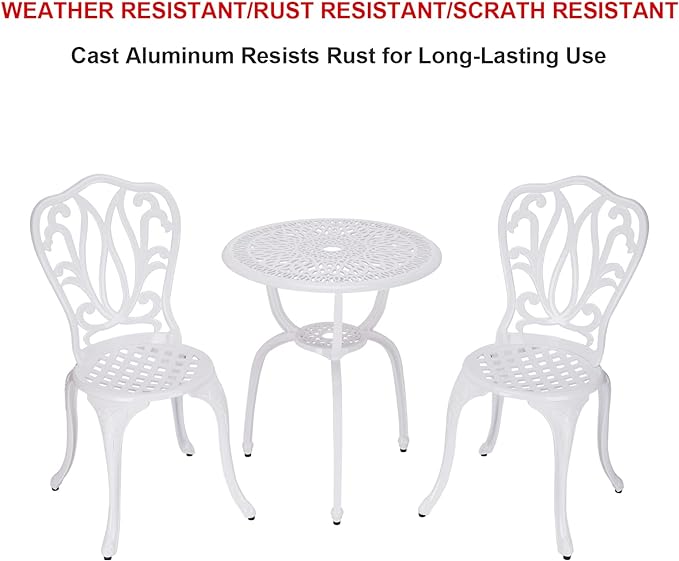 3 Piece Bistro Set,Outdoor Patio Set,Anti-Rust Cast Aluminum Bistro Table Set for Park Yard Front Porch Furniture(New White)…