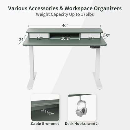 FEZIBO 40 x 24 Inch Height Adjustable Electric Standing Desk with Double Drawer, Stand Up Desk with Storage Shelf, Sit Stand Desk, Green