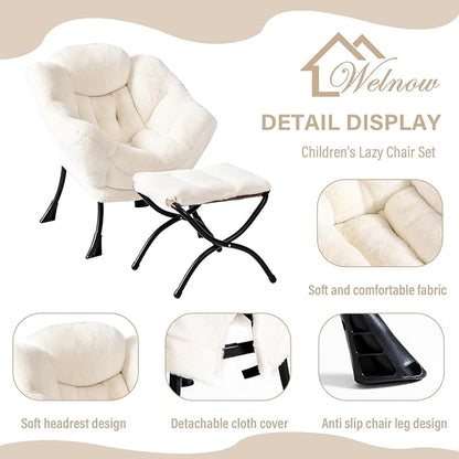 Welnow Toddler Kids Lazy Chair with Ottoman, Accent Comfy Lounge Children Armchair Couch with Armrest and Removable Cover, Detachable Reading Chair with Footrest for Boy or Girl, Plush Beige