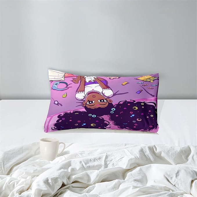 Cute African American Girls Comforter Set for Girls Room Pink Twin Comforter Set for Girls 2 Piece Afro Black Girls Bedding Set with 1 Pillowcase Snacks Bear Girls Quilt, Twin Size