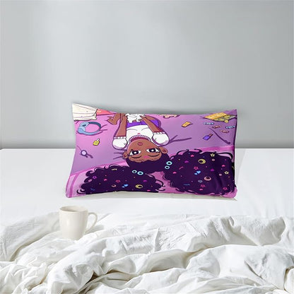 Cute African American Girls Comforter Set for Girls Room Pink Twin Comforter Set for Girls 2 Piece Afro Black Girls Bedding Set with 1 Pillowcase Snacks Bear Girls Quilt, Twin Size