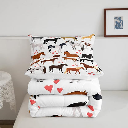 Galloping Horse Comforter Set Full Farm Bedding Set Kids Boys Girls Teens Cute Safari Animal Duvet Set Cartoon Horses with Pink Lover Heart Decor Kawaii Lightweight Cowboy Cowgirls Down Comforter