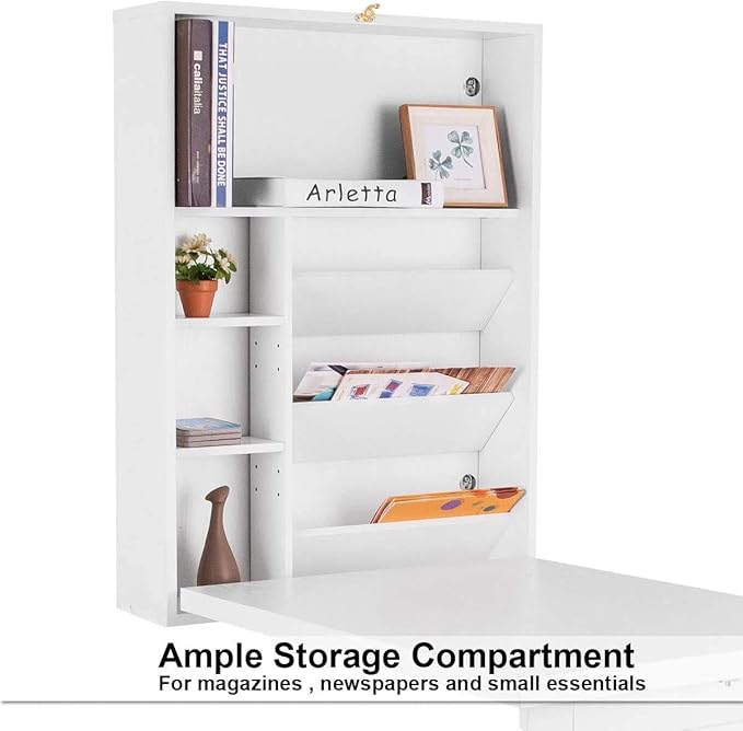 LUARANE Wall Mounted Table, Foldable Multiple-purpose Desk, Fold Out Wood Convertible Writing Desk Bookshelf Cabinet, Large Storage Space, Ideal for Home Office Study (White)
