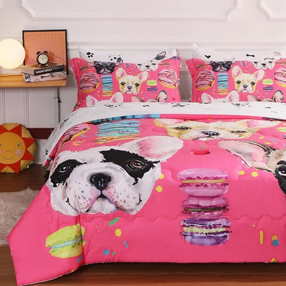 7 Piece Dog Comforter Set Twin Size for Kids Cute 3D French Bulldog Dogs Bedding Bed in A Bag for Teens Boys Girls All Season Watercolor Pink Animal Themed Comforter