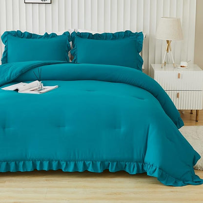 Andency Turquoise Comforter Set Twin Size, 2 Pieces Shabby Chic Ruffle Bed Comforter Set for Kids Boys Girls, All Season Soft Lightweight Solid Down Alternative Bedding Set