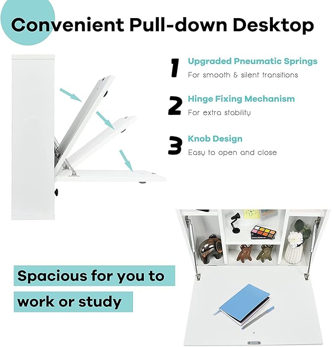 2 in 1 Foldable Tabletop, Folding Wall Mount Laptop Storage Compartments Space Saving Floating Desk, Small, White